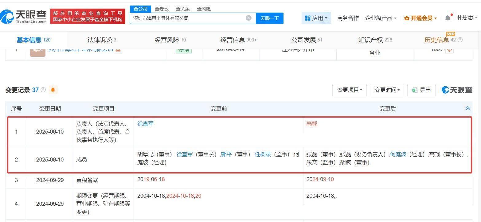 徐直军卸任深圳市海思半导体有限公司董事长